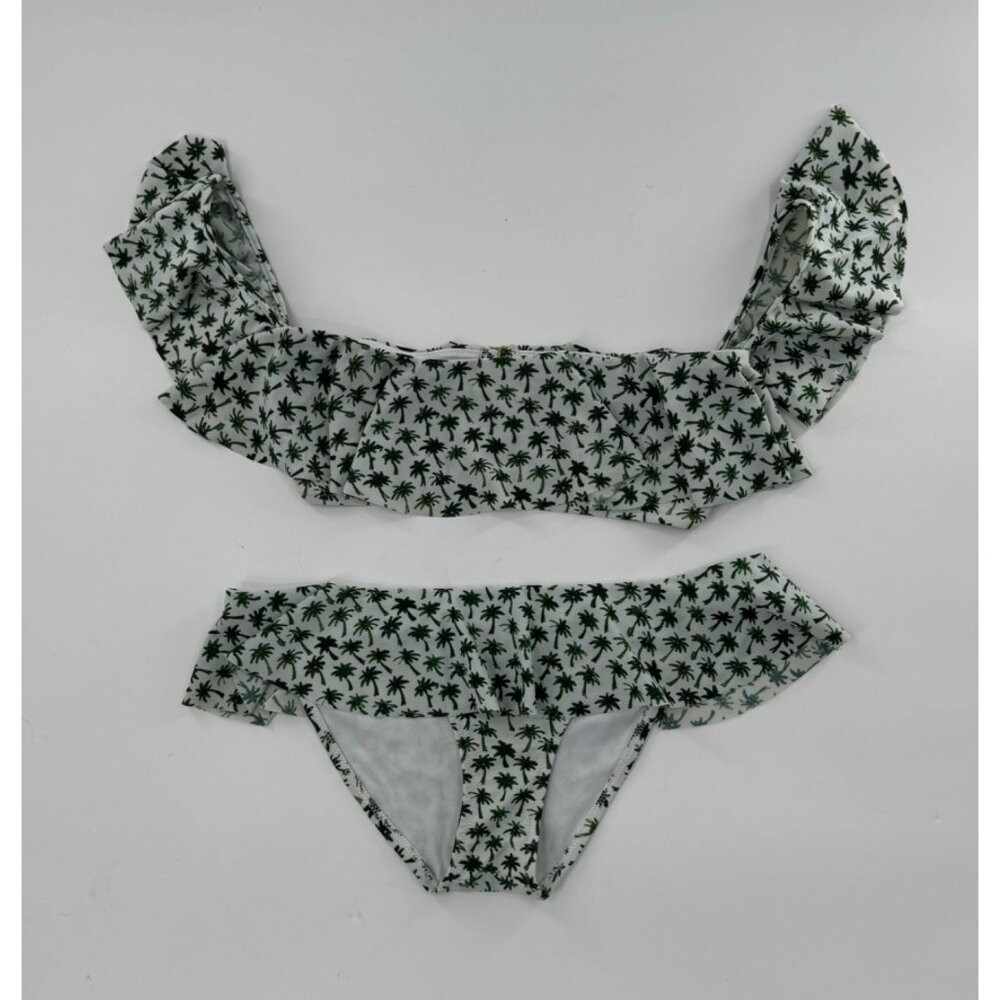 Milly Cabana Palm Print Bikini Set - M - Ruffled Top & Bottom - Green & White